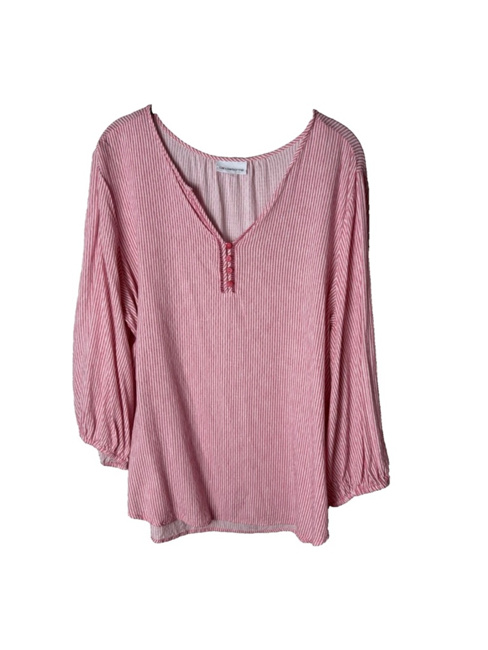Liz Claiborne Blouse Plus Size 1X Top 3/4 Sleeves V-Neck Pink White Stripes